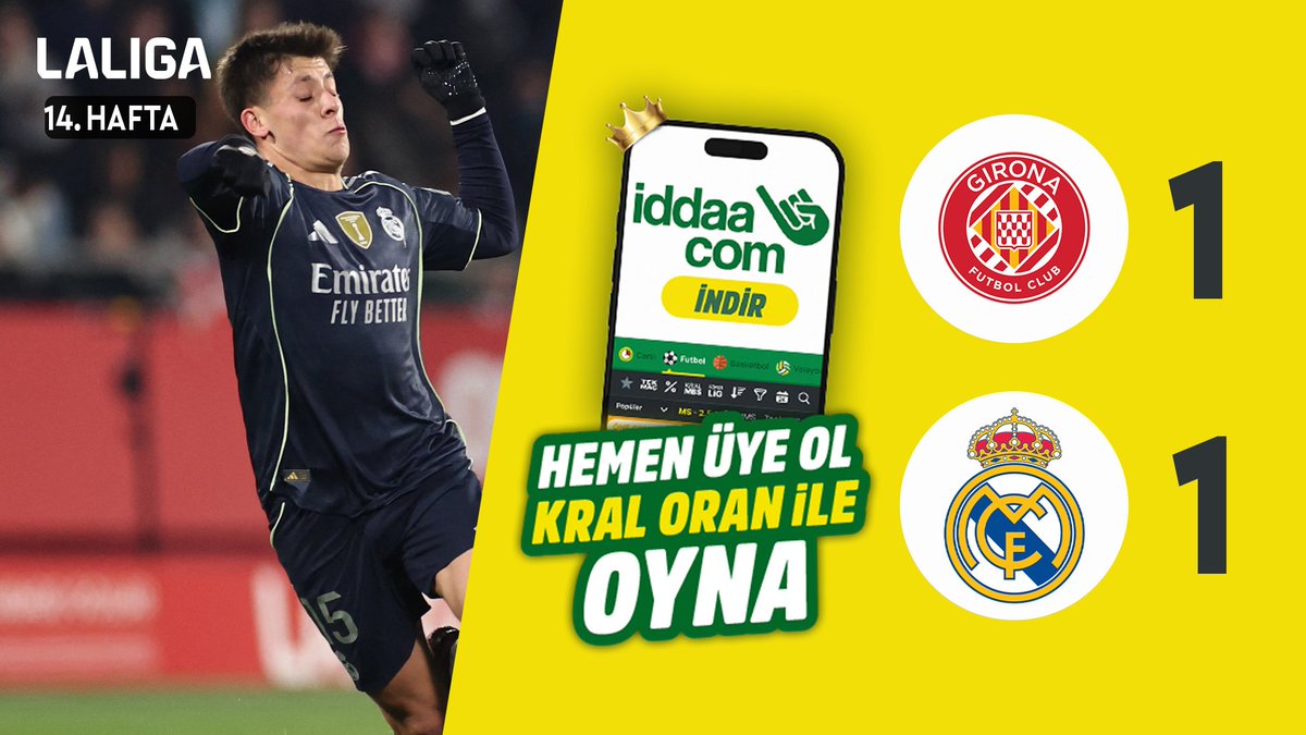 🇪🇸 #LALIGA'nın 14. haftasında Girona, Real Madrid ile 1-1 berabere kaldı. 🟡 iddaa &amp;