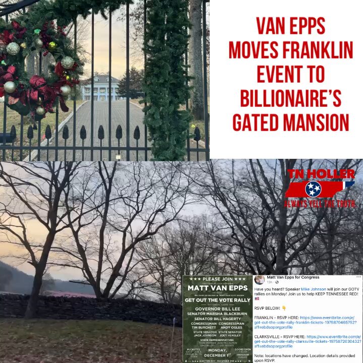 HAPPENING NOW IN FRANKLIN: Republican #TN7 nominee Matt Van Epps has moved his event from Puckett’s to the gated mansion estate of a right wing billionaire. Police are outside and told us it’s a closed door event. Seems to say a lot about who Matt plans to represent.