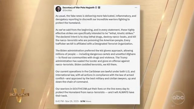 HOUSE, SENATE LAUNCH INQUIRIES INTO BOAT STRIKE: 'The View' co-hosts weigh in on Defense Secretary Pete Hegseth doubling down on social media over reports he ordered a second strike that killed all passengers on a Venezuelan boat.