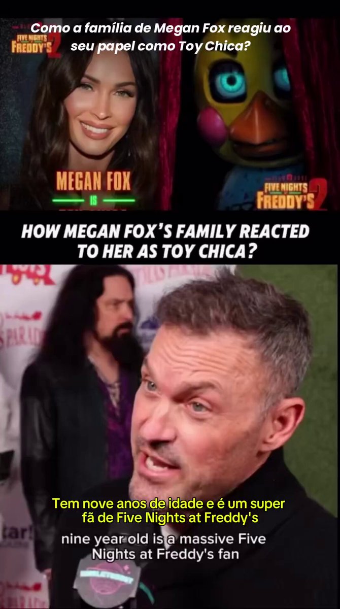 Brian Austin Green and Sharna Burgess reveal how Brian & Megan Fox's 9 year old son reacted to Fox being cast as the voice of Toy Chica in 'FIVE NIGHTS AT FREDDY'S 2'! Brian: "My nine-year-old is a massive Five Nights at Freddy’s fan. He actually just today spoke to one of the actors who was in the costume for both of the movies at a convention somewhere else." Sharna: "The reaction was massive. He was so into it. When he found out his mom was going to be one of the voices in it, he flipped out. It’s so cool when that crosses over with one of their interests." Brian: "He’s going to see it before anyone else at a special screening. They’re very, very excited. Definitely some bragging rights there." Source: & Freddy's Brasil 🤝 🎩 #FNAF #FNAFMovie2 #FNAF2Movie #FiveNightsAtFreddys