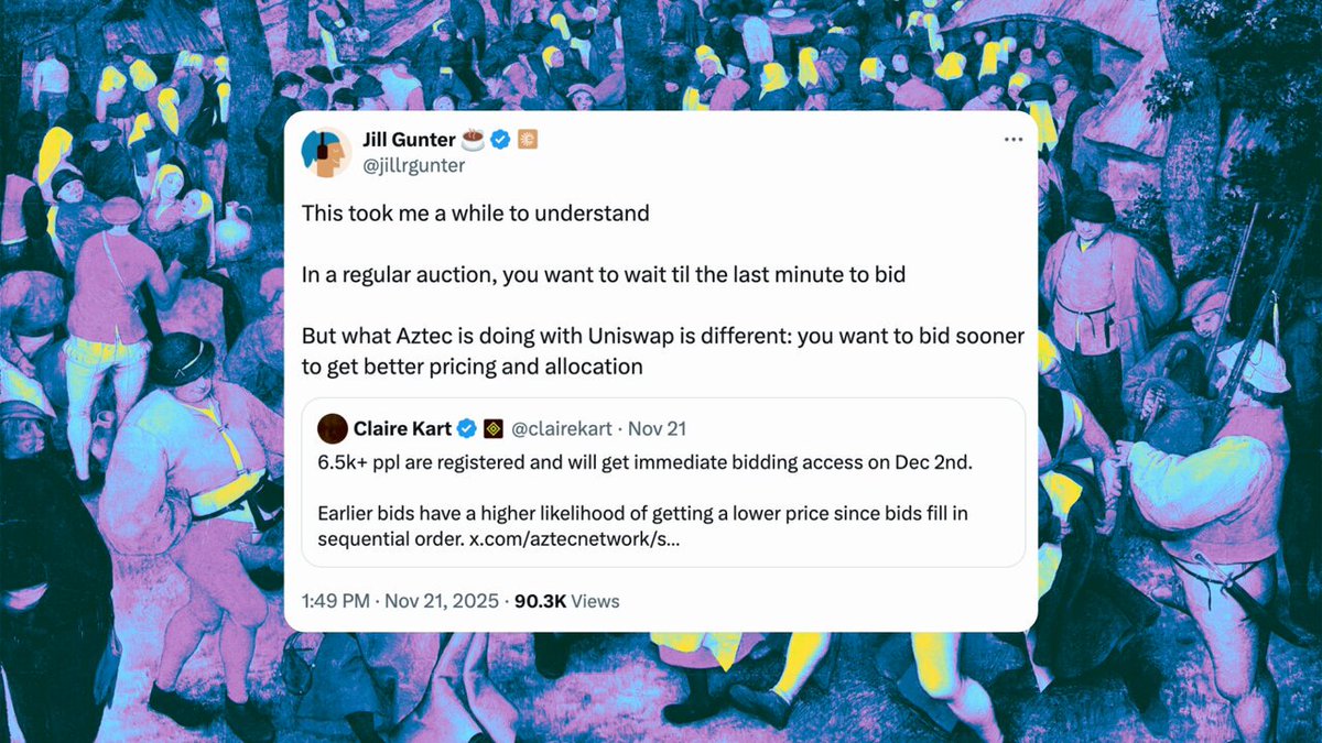 The community has spoken. Privacy matters and Aztec is delivering. 12k ETH committed (nearly double since this morning) 12.6k bids 14.7k registrations Public Sale kicks off tomorrow around 9am ET/ 3pm CET Register to be ready: