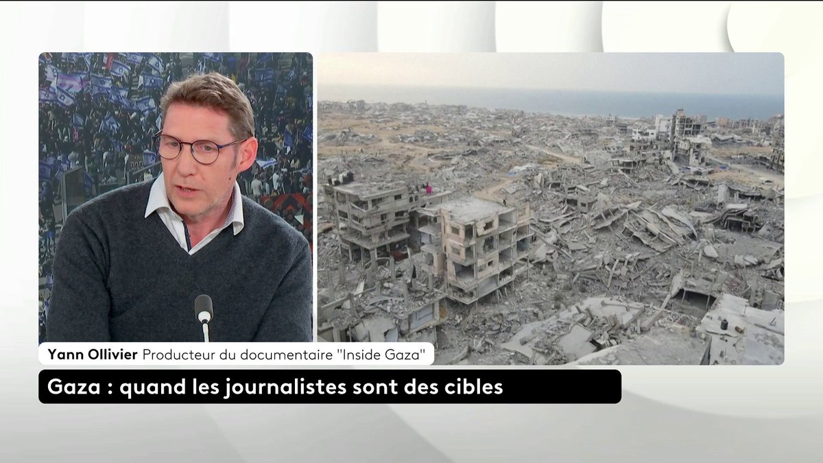 🔴 🗣️ "Le bureau de l'AFP à Gaza [...] a été détruit, et là, pour moi, j'ai l'impression qu'il y avait une ligne rouge qui avait été franchie", raconte Yann Ollivier, producteur du documentaire "Inside Gaza", diffusé demain sur Arte. Loïc de La Mornais #SurLeTerrain #Canal16