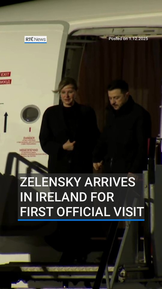 Ukrainian President Volodymyr Zelensky has arrived in Dublin for his first official visit to Ireland. He and Ukraine's First Lady Olena Zelenska were greeted on Dublin Airport's runway by Taoiseach Micheál Martin | More: