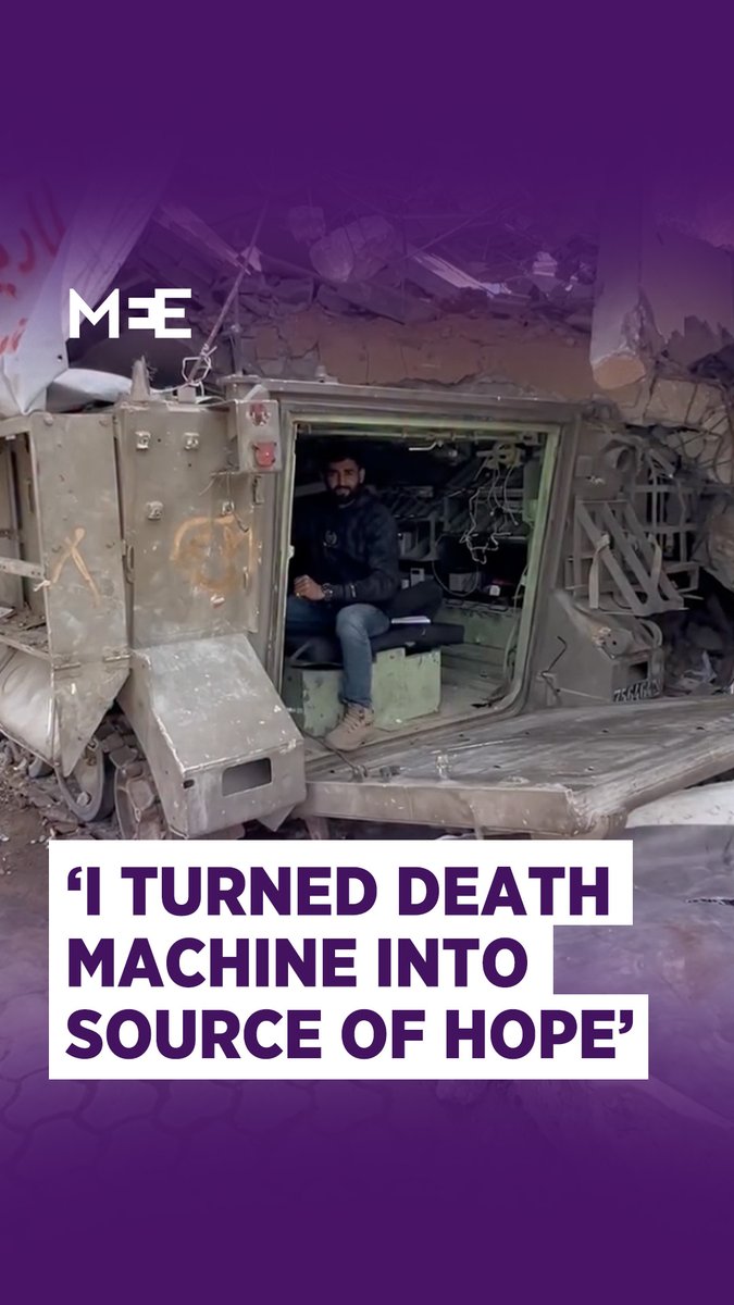 損傷してガザに遺棄されたイスラエル国防軍(IDF)の装甲車両をスマホ充電ステーション・コーヒー焙煎店として再利用するパレスチナ人 後部ハッチの形状からM113装甲兵員輸送車と思われる
