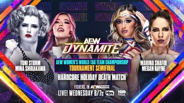 Wednesday Night #AEWDynamite 8pm ET/7pm CT, TBS + HBO Max This Wednesday, 12/3 AEW Women's World Tag Team Title Tournament Semifinal Hardcore Holiday DeathMatch Timeless Toni Storm/Mina Shirakawa♡白川未奈 vs @MeganBayne/Marina Shafir MegaProblems vs #TimelessLoveBombs THIS WEDNESDAY!