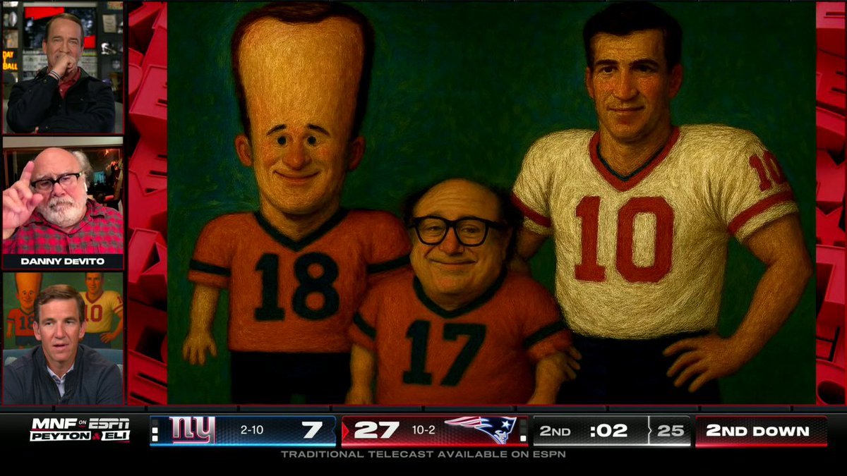 "That's what besties do." Eli Manning and Danny DeVito are like this 🤞❤️ Watch the ManningCast on ESPN2 and the ESPN App 🍿 Omaha Productions