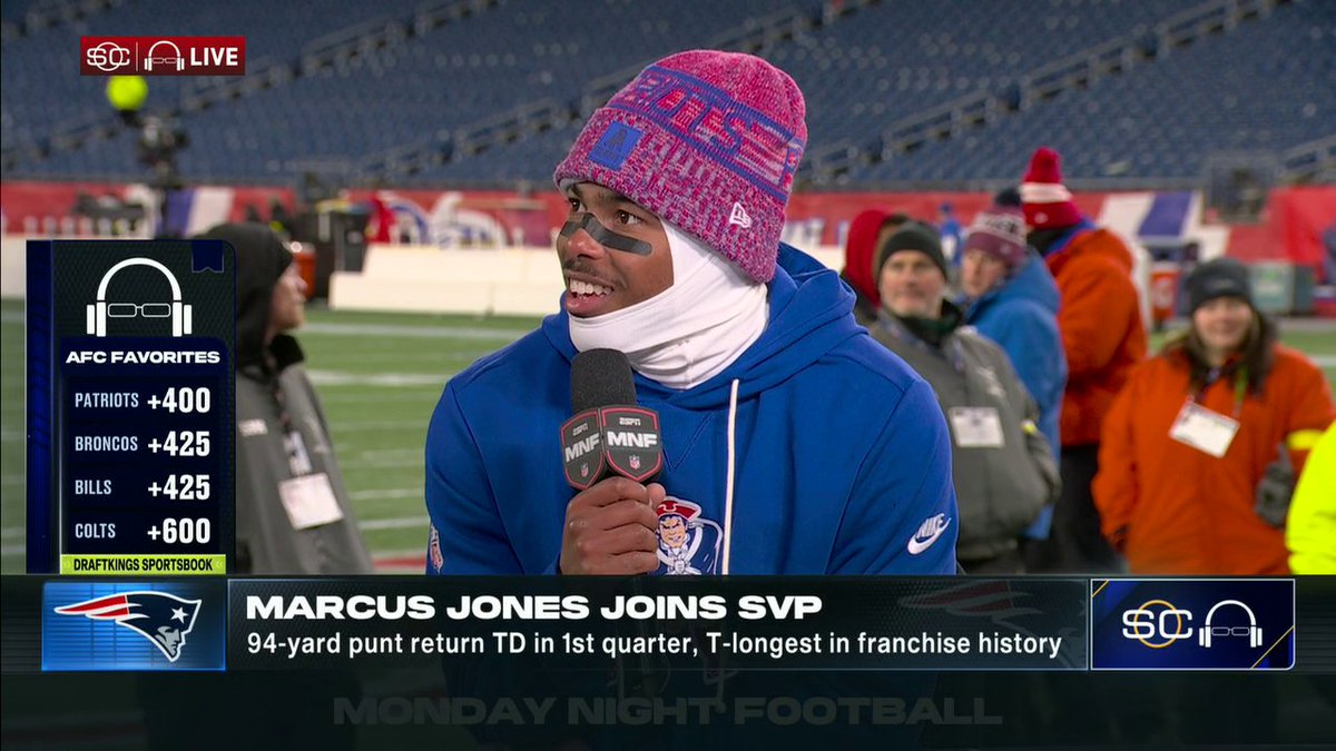 "Even on our off days, us DB's we will literally watch film and have Chick-fil-A." Marcus Jones talks to Scott Van Pelt after a MNF win vs. the Giants 🔥