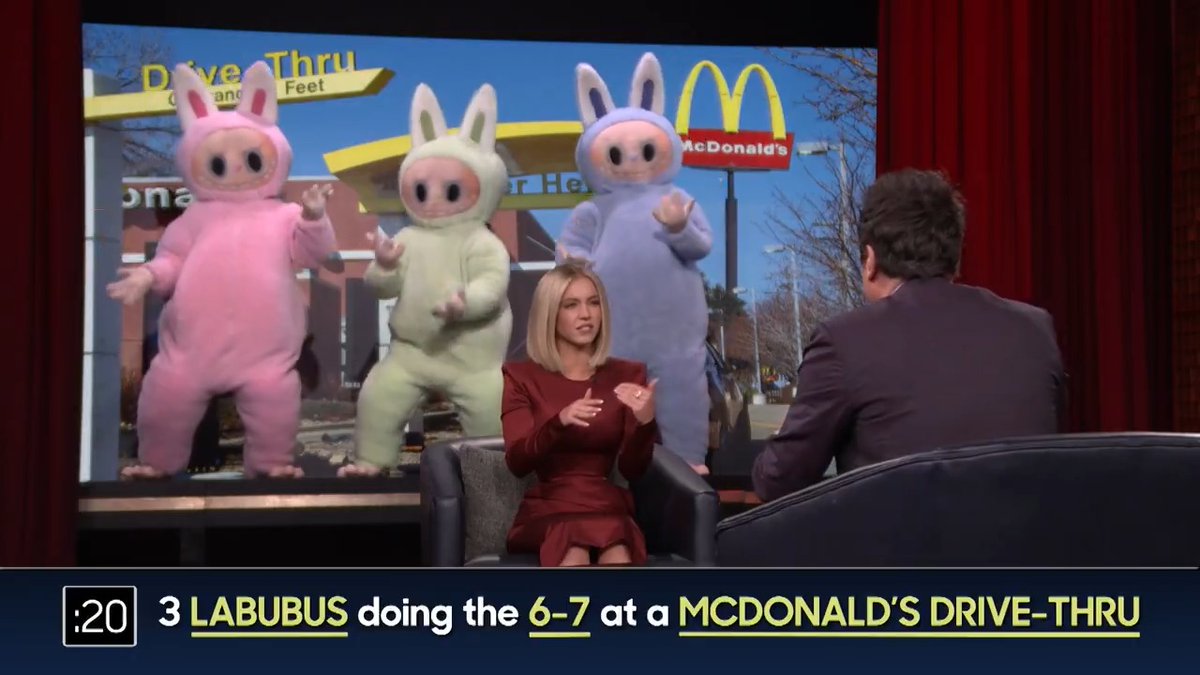 What’s Behind Me w/ Sydney Sweeney: 3 Labubus doing 6 7 at a McDonald’s Drive-Thru 🤣 #FallonTonight