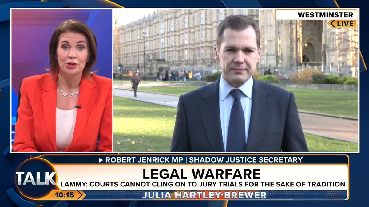 🚨 Shadow Justice Secretary Robert Jenrick MP says David Lammy needs to "trust ordinary people" and not scrap Jury trials. "Rachel Reeves found £16bn for benefits last week. Most people in this country would rather a bit more money was spent on our justice system." Julia Hartley-Brewer