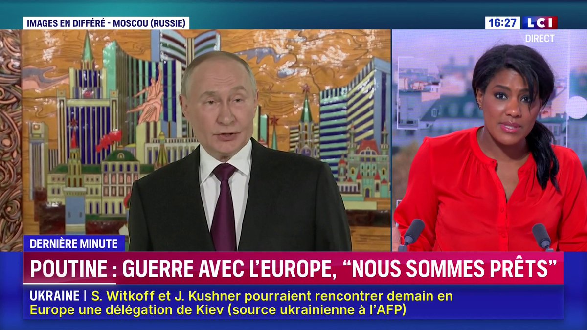 🔴 Le président russe Vladimir Poutine a assuré ce mardi ne pas souhaiter une guerre avec l'Europe, mais y être "prêt" si les Européens "le souhaitent et commencent". 📺 Les dernières informations dans LCI Direct avec Marie-Aline MELIYI