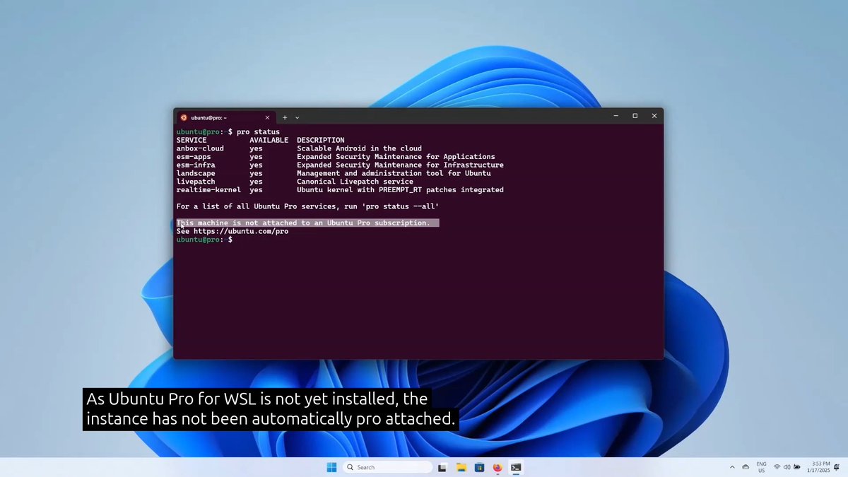 Ubuntu Pro for WSL is a Windows application that automates the attachment of your Ubuntu Pro subscription to instances of Ubuntu on WSL. The Pro for WSL application makes it possible to securely deploy instances of Ubuntu on WSL at scale. 🎥 Learn how to get started with Ubuntu Pro for WSL on Windows.