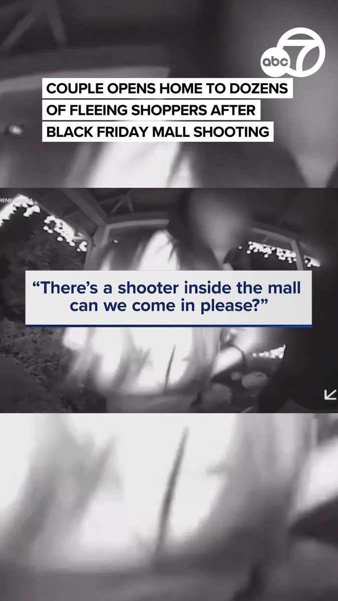 Doorbell camera video shows San Jose couple Martin and Irene Garcia opening the doors of their home to let over 50 fleeing shoppers in to hide inside after a gunman opened fire inside Valley Fair Mall on Black Friday. Martin and his wife quickly turned their home into a place of refuge for the next six hours -- ordering pizza, praying together, and listening to Christmas music. The couple lives about a block away from the mall, where three shooting victims were left with non-life threatening injuries. Read our full story here: