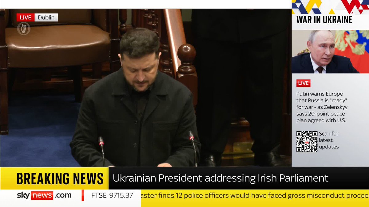 'No one can lie to the entire world forever - not even Putin'. President Zelenskyy addresses the Irish parliament and condemns Putin as a 'liar', as he emphasises unity, while praising Ireland for providing a home and protection to Ukrainian refugees.