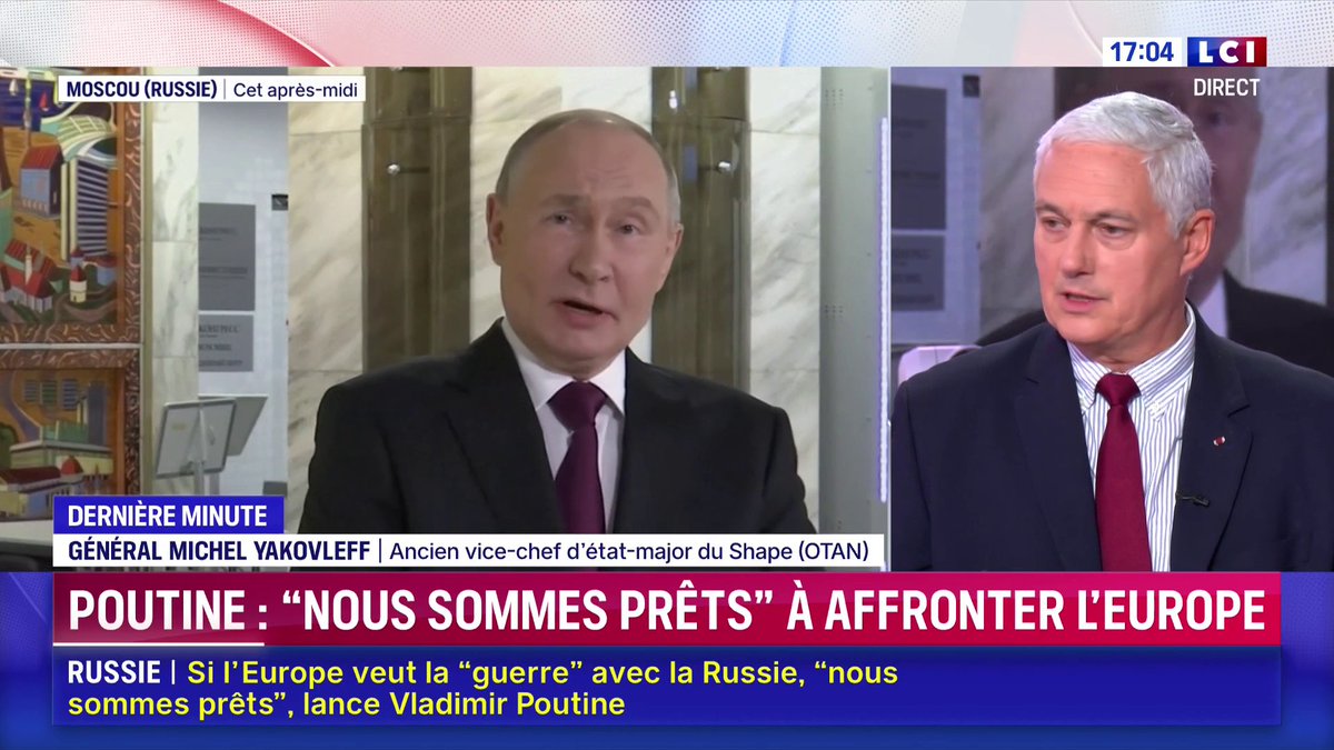 🗣️ Vladimir Poutine est "dans une fuite en avant", analyse le général Yakovleff : "son régime ne tient pas sans la guerre, il ne sait pas justifier son régime et les sacrifices exigés de sa population s'il n'y a pas de guerre".