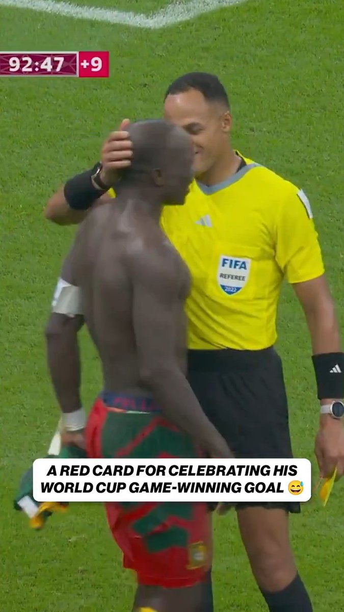 On this day in 2022, Vincent Aboubakar was sent off for taking off his shirt while celebrating the game-winning FIFA World Cup goal for Cameroon 🇨🇲 Stick around for the refs reaction 😅