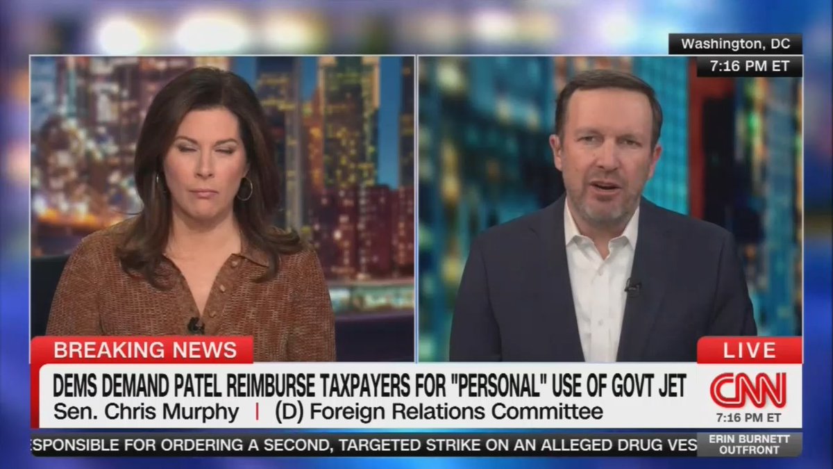 Sen. Murphy: We've never seen an FBI director care so little about his job as Kash Patel. He seems to be spending most of his time gallivanting around the country, visiting his girlfriend, going on golf trips with his buddies, getting as close to the MAGA celebrity world as humanly possible. And he's racking up all these huge bills on us, the taxpayers.