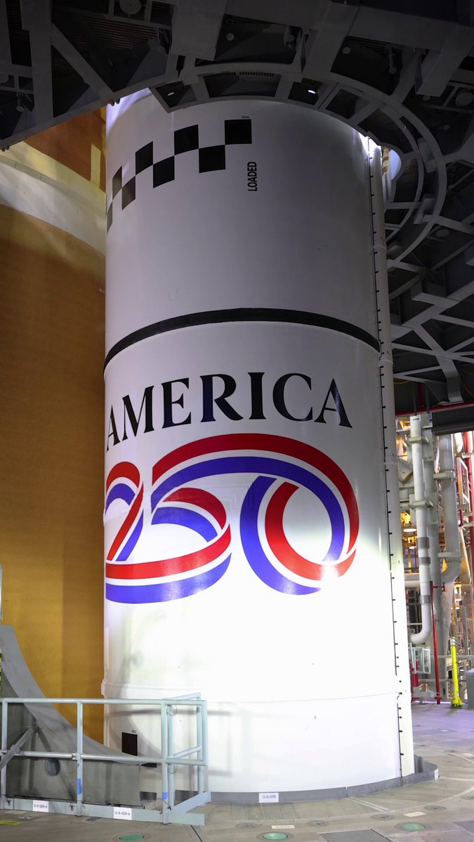 A defining moment of American exploration. The America250 emblem is displayed on the twin solid rocket boosters of the SLS (Space Launch System) rocket for the Artemis II mission around the Moon. Launch is scheduled for early next year.
