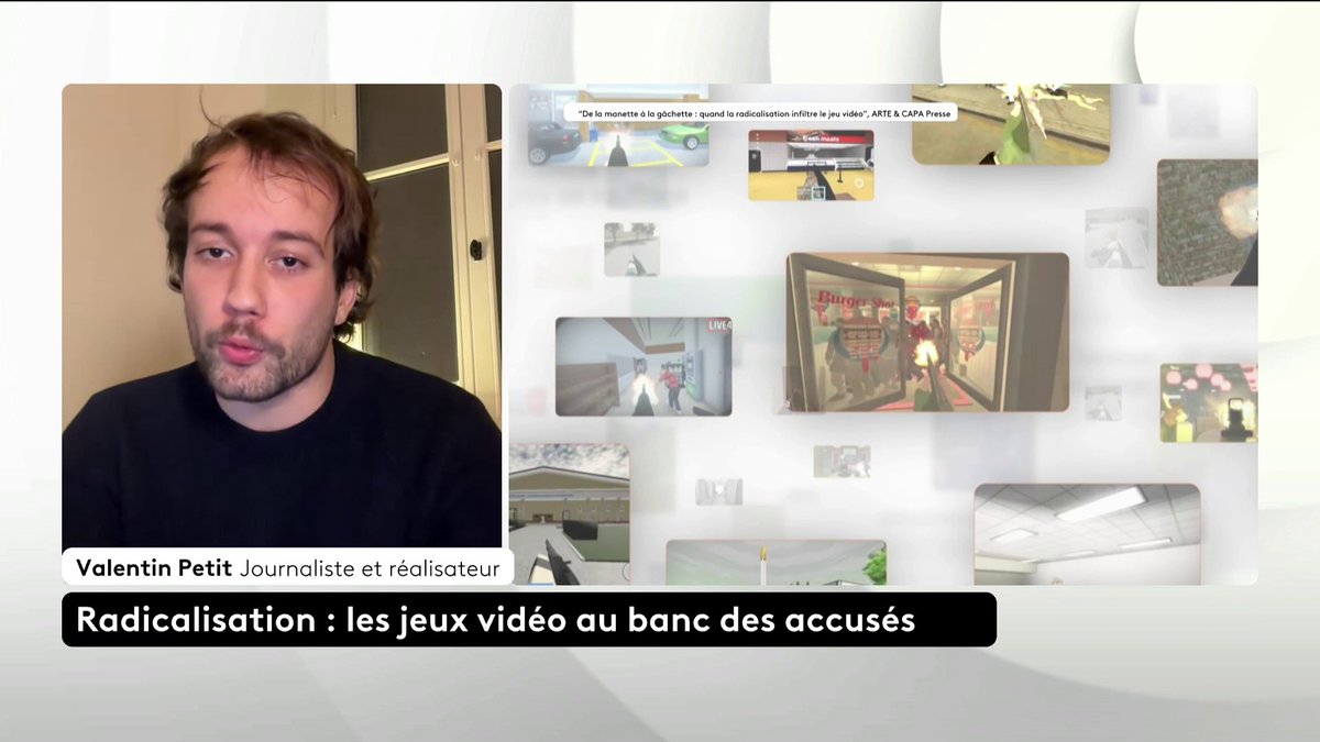 🔴 🗣️ "C'était des vraies mosquées, c'était des vraies synagogues, qui étaient reproduites au détail près", raconte Valentin Petit, qui a réalisé un documentaire sur des jeux vidéos reproduisant de réels attentats et tueries. Loïc de La Mornais #SurLeTerrain #Canal16