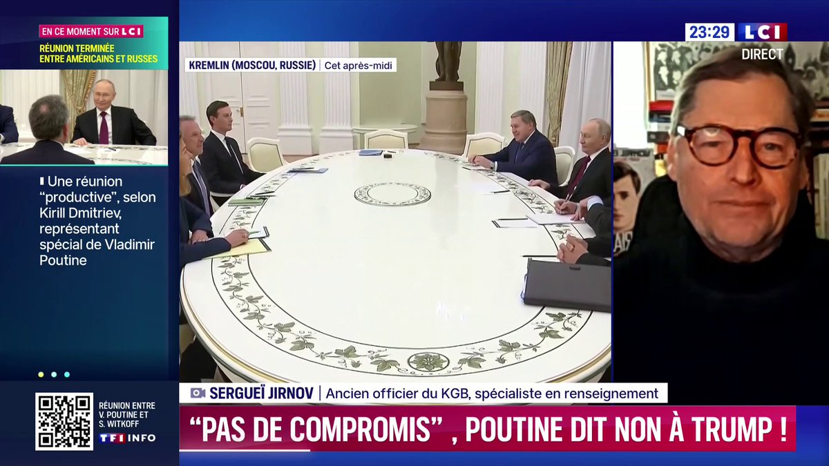 🔴 Rencontre Poutine-Witkoff : "pas de compromis" trouvé sur les territoires occupés en Ukraine 🗣️ "Poutine n'a aucune envie de négocier quoi que ce soit, il utilise ces négociations pour manipuler Trump" : Sergueï Jirnov, auteur, ex-espion du KGB, expert à Darius Rochebin
