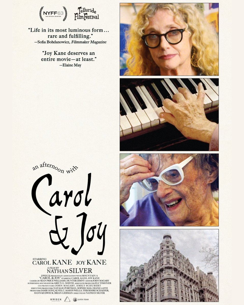 Evening viewing recommendation? On Criterion Channel, watch the exclusive premiere of CAROL & JOY, an intimate and charming portrait of two remarkable women starring Carol Kane and her mother. This vibrant documentary short captures beloved actor Carol Kane (reuniting with BETWEEN THE TEMPLES director Nathan Silver) and her mother, 98-year-old music teacher and former dancer Joy Kane, during a lively afternoon in the Upper West Side apartment they share. Janus Films