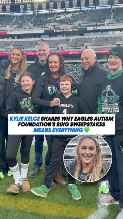 Special moments like these. 💚 Before #BlackFridayNFL, Kylie Kelce and Jeffrey Lurie presented a custom Super Bowl LIX ring to the Farren family—whose son Andy is on the autism spectrum. This special sweepstakes raised over $700K for Eagles Autism Foundation, making a real difference in the Philadelphia community.