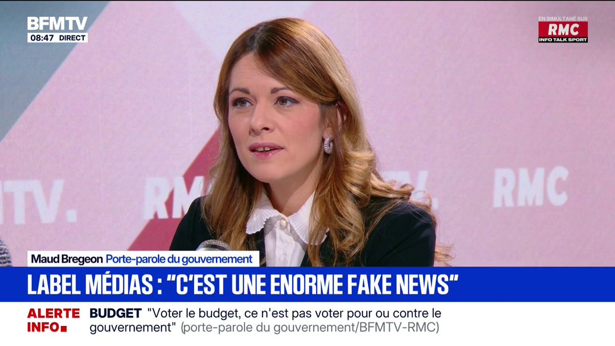 🗨️ "C'est une fake news" Maud Bregeon, porte-parole du gouvernement, assure qu'il n'y a "pas de label d'État" pour les médias