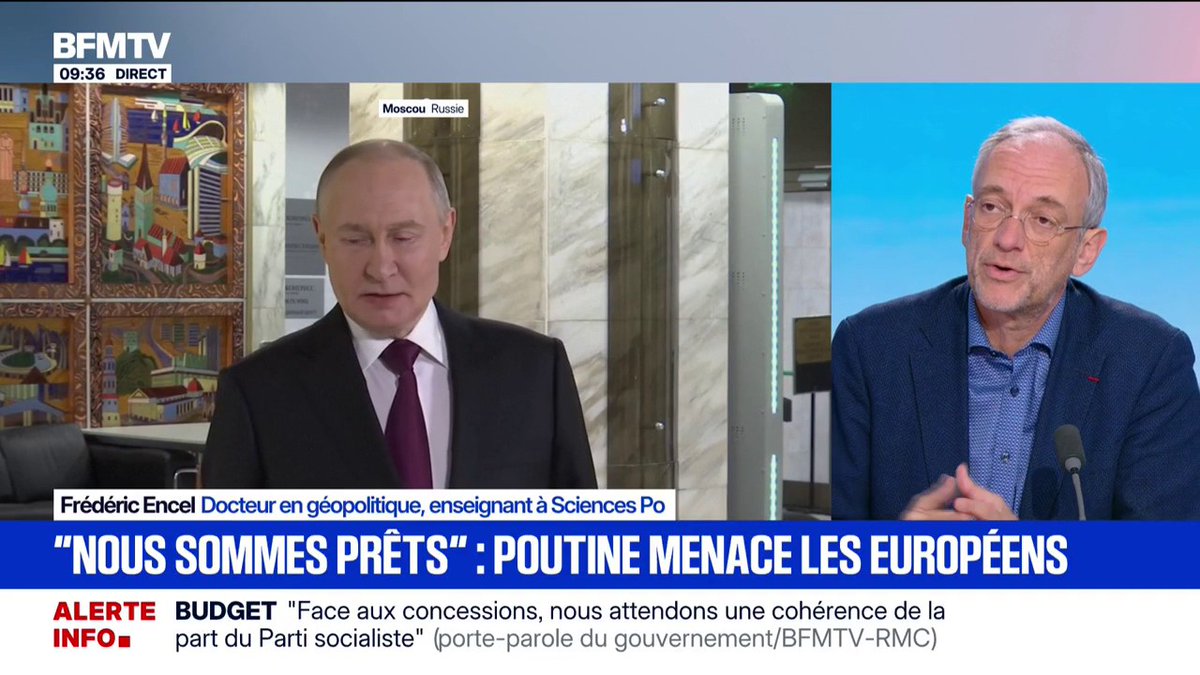 🗨️ "Il faut comprendre que la menace ne coûte rien et peut rapporter gros" Frédéric Encel, docteur en géopolitique, interprète les propos de Vladimir Poutine qui se dit "prêt" à faire la guerre aux Européens