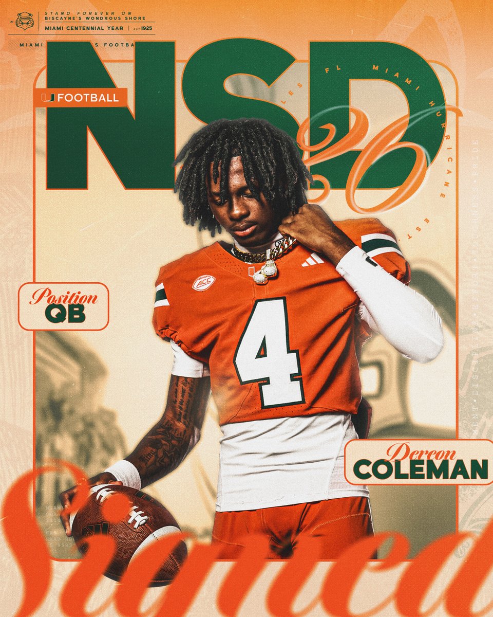 Welcome to the Canes family, @dereoncolemanQB 🏈: Quarterback 🏡: Orlando, Florida 📚: Jones Miami Hurricanes Football | #NSD26
