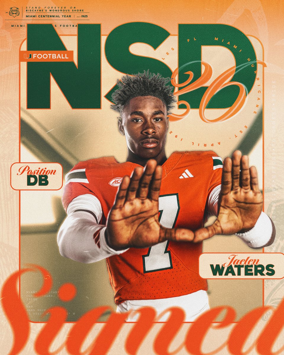 Welcome to the Canes family, 𝐉𝐚𝐞𝐥𝐞𝐧 𝐖𝐚𝐭𝐞𝐫𝐬 🏈: Defensive Back 🏡: St. Petersburg, Florida 📚: Armwood Miami Hurricanes Football | #NSD26
