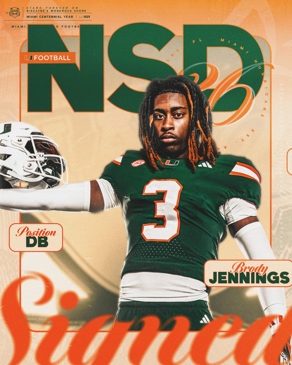 Welcome to the Canes family, Brody Jennings 🏈: Defensive Back 🏡: Jacksonville, Florida 📚: Mandarin Miami Hurricanes Football | #NSD26"
