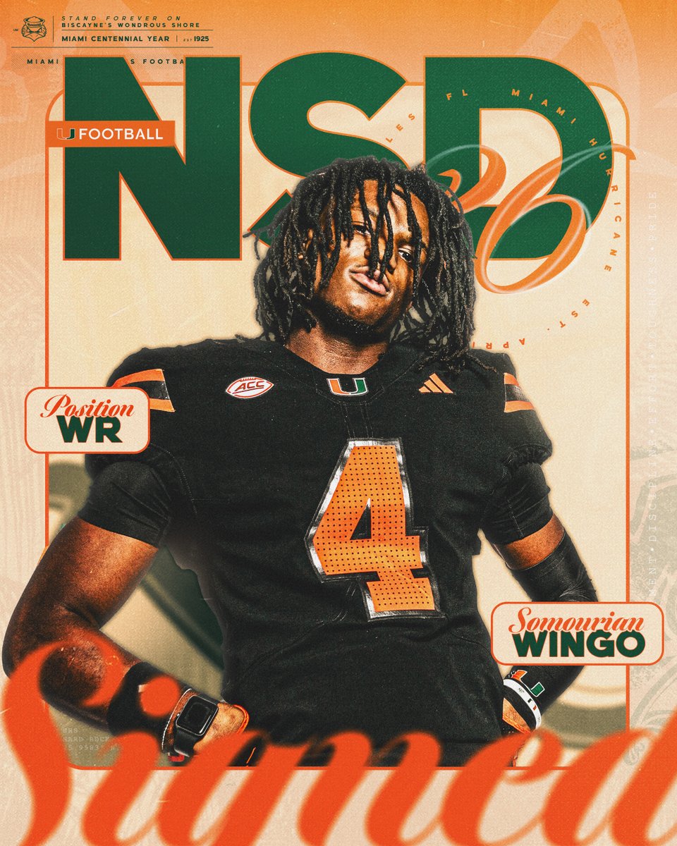 Welcome to the Canes family, @_somourianwingo 🏈: Wide Receiver 🏡: West Augustine, Florida 📚: Saint Augustine Miami Hurricanes Football | #NSD26