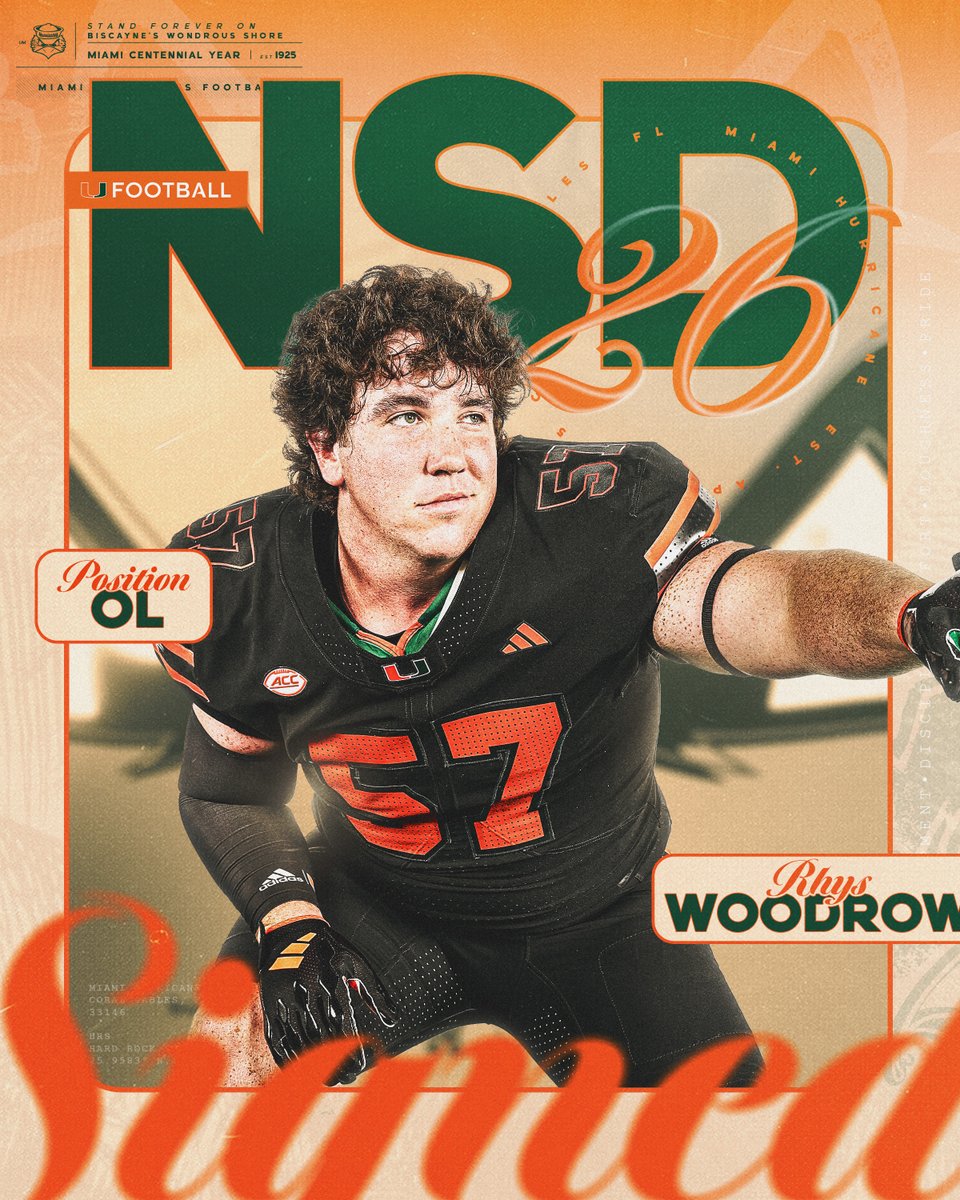 Welcome to the Canes family, Rhys Woodrow 🏈: Offensive Lineman 🏡: Orlando, Florida 📚: Boone Miami Hurricanes Football | #NSD26