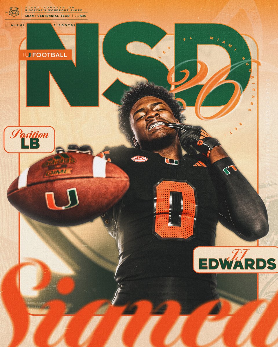 Welcome to the Canes family, Justin “JJ“ Edwards 🏈: Linebacker 🏡: Orlando, Florida 📚: Edgewater Miami Hurricanes Football | #NSD26