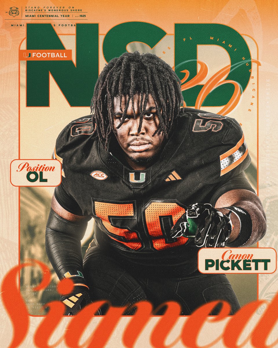 Welcome to the Canes family, @canonpickett 🏈: Offensive Lineman 🏡: Tampa, Florida 📚: Tampa Bay Tech Miami Hurricanes Football | #NSD26