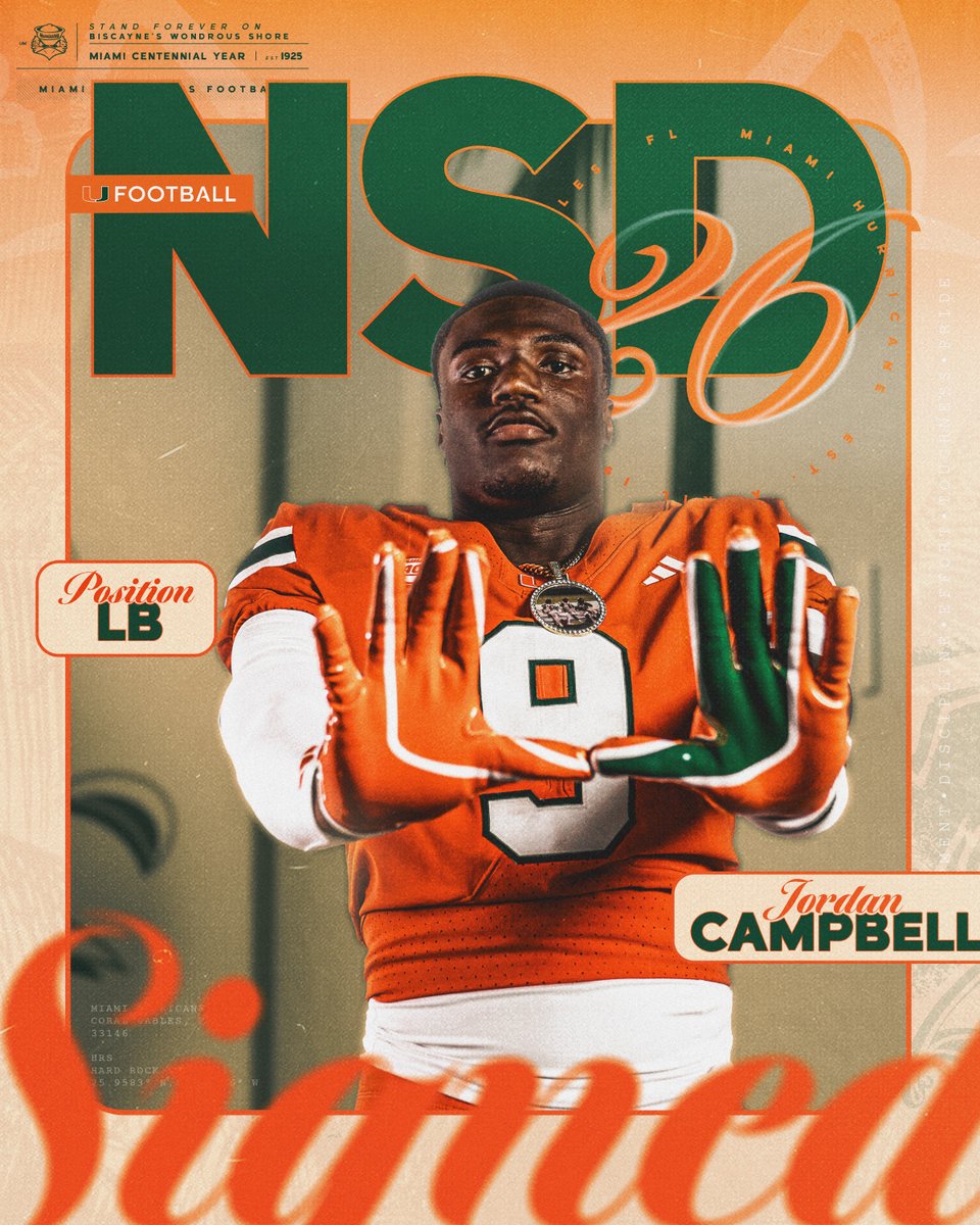 Welcome to the Canes family, Jordan Campbell 🏈: Linebacker 🏡: Carol City, Florida 📚: Miami Northwestern Miami Hurricanes Football | #NSD26
