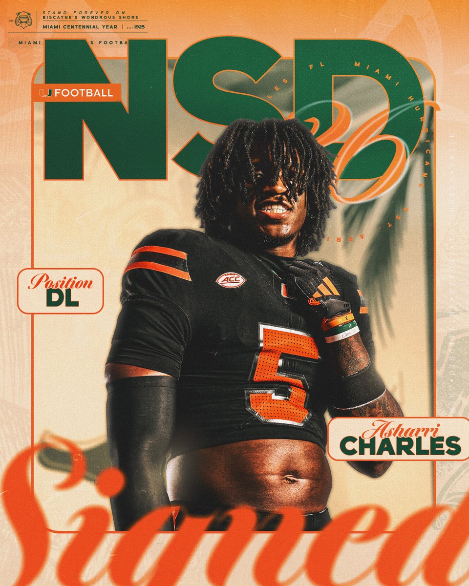 Welcome to the Canes family, 4🌟Asharri “ Bam “ Charles 🏈: Defensive Lineman 🏡: Laurel, Florida 📚: Venice Miami Hurricanes Football | #NSD26