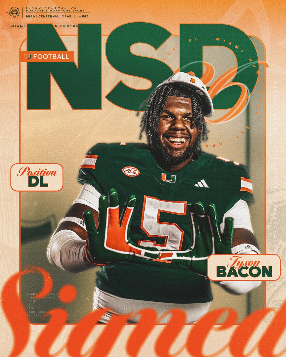Welcome to the Canes family, Tyson(TBJ) BACON 🥓 🏈: Defensive Lineman 🏡: Hoover, Alabama 📚: Hoover Miami Hurricanes Football | #NSD26