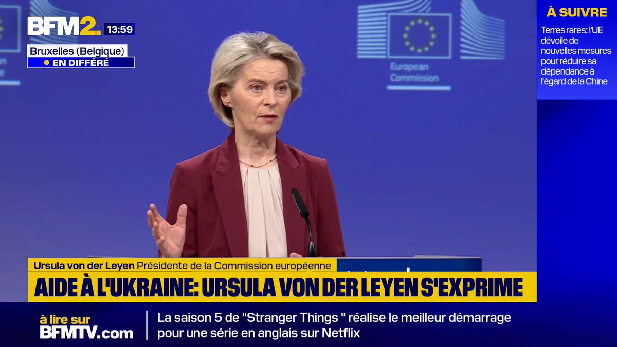 💬"Nous proposons de couvrir les deux-tiers des besoins de financement de l'Ukraine pour les deux prochaines années, soit 90 milliards d'euros" Ursula von der Leyen présente son plan pour financer l'Ukraine et la mettre en "position de force" #BFM2