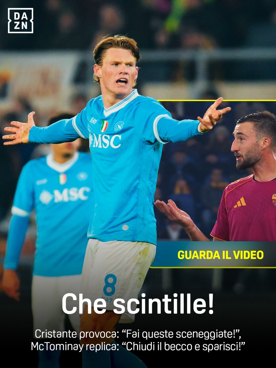 Le scintille che 𝒏𝒐𝒏 𝒔'𝒆𝒓𝒂𝒏𝒐 𝒗𝒊𝒔𝒕𝒆 🧨😳 Cristante: "𝑷𝒆𝒔𝒊 𝟏𝟎𝟎 𝒌𝒈 𝒆 𝒇𝒂𝒊 '𝒔𝒕𝒆 𝒔𝒄𝒆𝒏𝒆𝒈𝒈𝒊𝒂𝒕𝒆" 🫵 #McTominay a muso duro: "𝐂𝐡𝐢𝐮𝐝𝐢 𝐢𝐥 𝐛𝐞𝐜𝐜𝐨 𝐞 𝐬𝐩𝐚𝐫𝐢𝐬𝐜𝐢", "𝐄' 𝐮𝐧𝐚 𝐩𝐨𝐫𝐜𝐡𝐞𝐫𝐢𝐚" 😤 🎤 Davide Bernardi BordoCam #RomaNapoli è disponibile ora su #DAZN! 📲