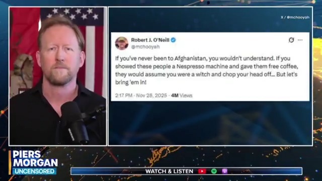 'These people can’t physically handle the Western culture!' Rob O'Neill explains his X post claiming Afghans would "chop your head off" if you showed them a coffee machine. Watch more 👇 📺 Piers Morgan | Robert J. O'Neill