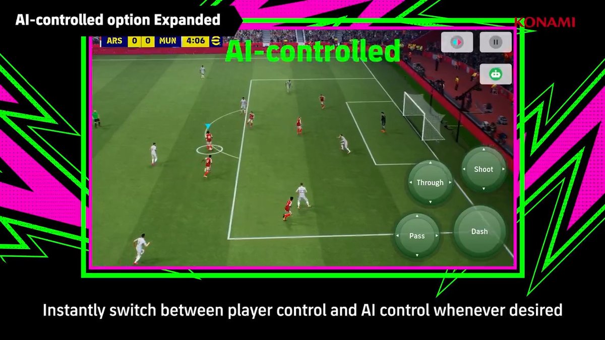 #eFootball v 5.2.0 : Auto Control (VS AI Matches) 🆕🤖 *The new “Auto Control” feature replaces the old AI-controlled option in VS AI matches. *The AI moves when you don’t, and control snaps back the moment you play. *AI takes the hard tasks, while you take the clutch moments.