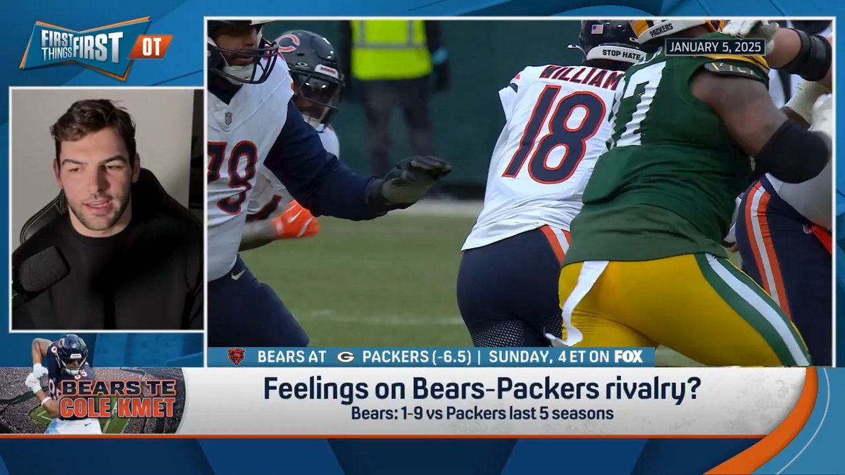 .Greg Jennings: “How does it feel looking at me, someone that you grew up probably hating.” Cole Kmet: “Hates a strong word… You grow more of an appreciation for all players. That being said yes, as a kid, I did grow up maybe hating on you a little bit.” 😅🤣