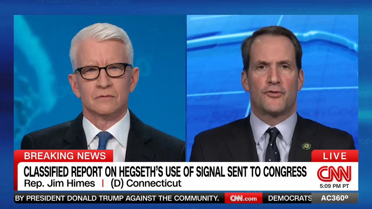 .Jim Himes 🇺🇸🇺🇦 says Defense Secretary of Hegseth put "his people and the mission at risk" when he shared sensitive war plans on Signal. He adds, "He does not have either the character or the disposition to have the position that he holds."