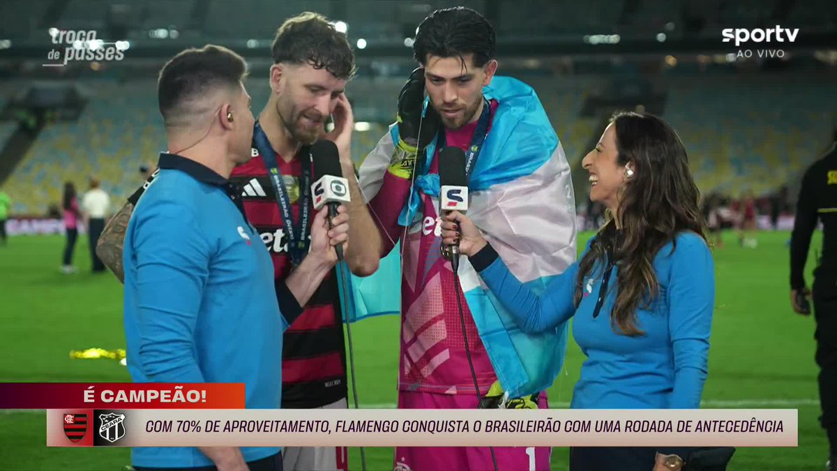 Léo Pereira, do Flamengo, relembrando que o Corinthians foi campeão mundial em 2012 após quebrar a taça da Libertadores: “Viu a superstição da taça quebrada de 2012? Tem que acreditar.” Rossi: “Não vamos falar nada, deixa assim.” 🎥 sportv | ge