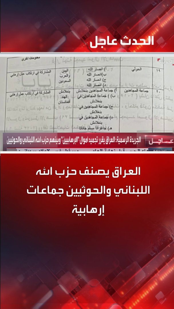 العراق يصنّف حزب الله اللبناني والحوثيين جماعات إرهابية #حزب_الله #العراق #قناة_الحدث