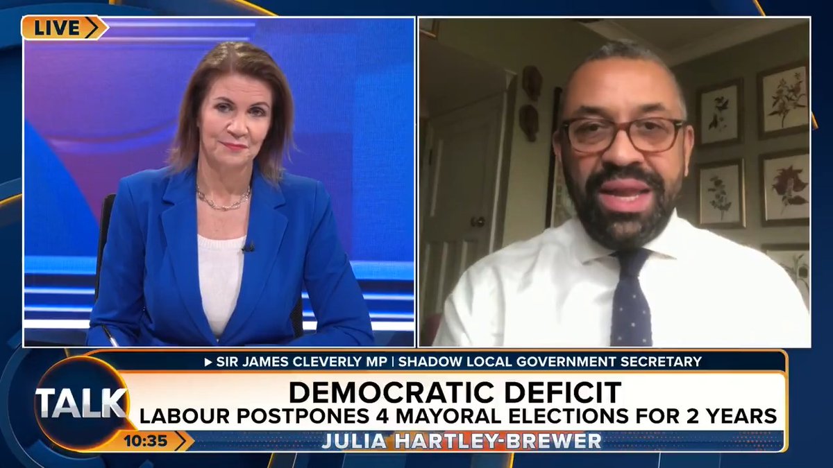 🚨 James Cleverly has accused Labour of a "scandalous attempt to subvert democracy" by postponing FOUR mayoral elections. "Democracy doesn't exist without elections. They've cancelled them for the second time in a row. It absolutely stinks." Julia Hartley-Brewer | James Cleverly🇬🇧