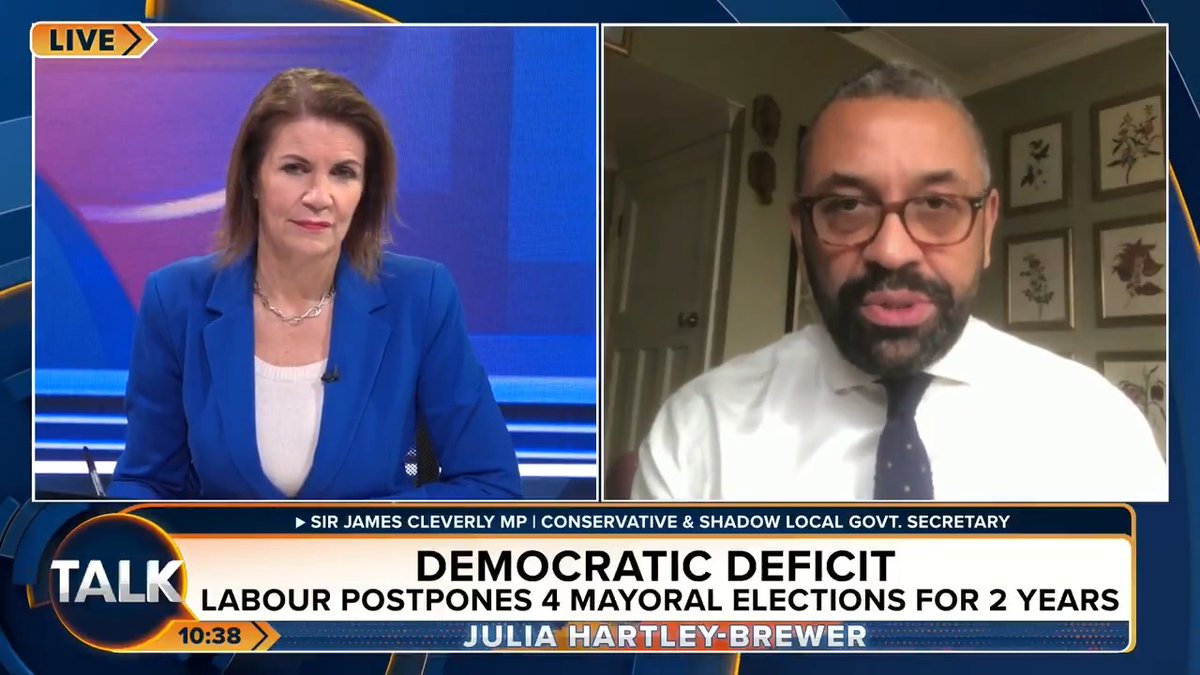🚨 "It's a combination of arrogance and incompetence by the Labour Party. People have a right to be very angry about this." Shadow Local Gov't Secretary James Cleverly says Labour shouldn't stop holding elections just because it isn't easy. Julia Hartley-Brewer