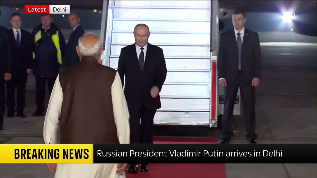 BREAKING: Russia's President Vladimir Putin is greeted by India's Prime Minister Narendra Modi as he lands in New Delhi. Putin is there for a two-day visit as part of an annual summit between the two countries. 📺 Sky 501 and YouTube