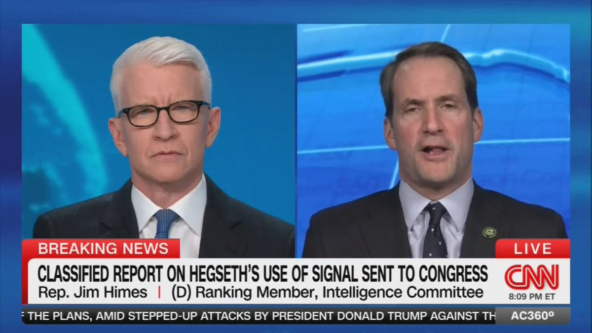 Rep. Himes: The Secretary of Defense put his people and the mission at risk for the purpose of sounding like a tough guy with a bunch of his friends on a Signal chat. He also chose not to cooperate with the Inspector General's investigation. He does not have either the character or the disposition to have the position that he holds