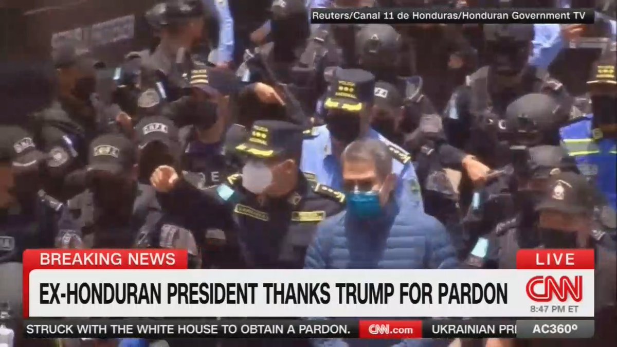 Reporter: The former president of Honduras was found guilty in a US federal court of working with drug cartels, conspiring to distribute more than 400 tons of cocaine toward the US. He was found to have taken millions of dollars in bribes, and prosecutors said he bragged about all of it. He was sentenced to 45 years in federal prison, but all of that changed this week when he was pardoned by Trump.